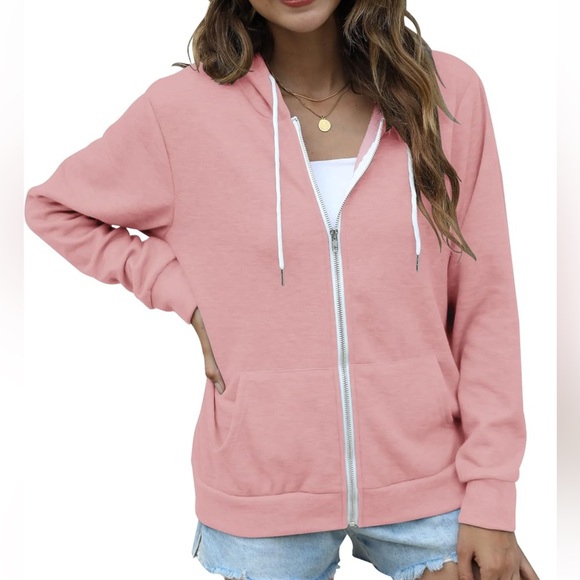 Women's Pink XL Fashion Hoodie Drawstring Sweater Zip Up - Picture 5 of 6